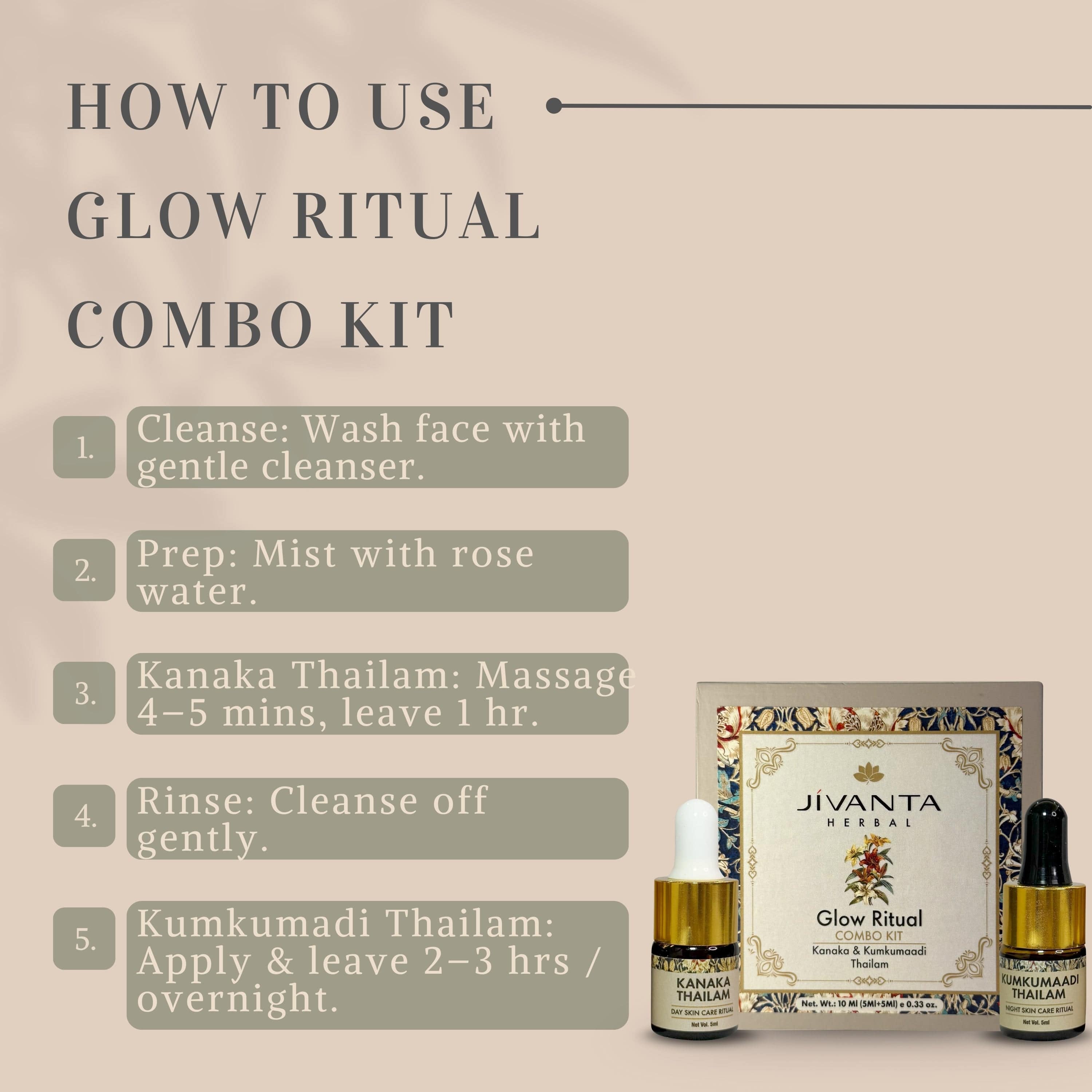 Jivantaherbal Glow Ritual Combo Kit | Kumkumaadi Thailam Ayurvedic Night Oil & Kanaka Thailam Ayurvedic Day Face Oil |10ml (5ml = 5ml)