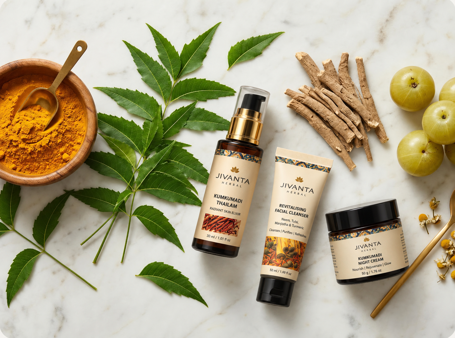Ayurvedic ingredients: turmeric, neem, amla and herbs on marble