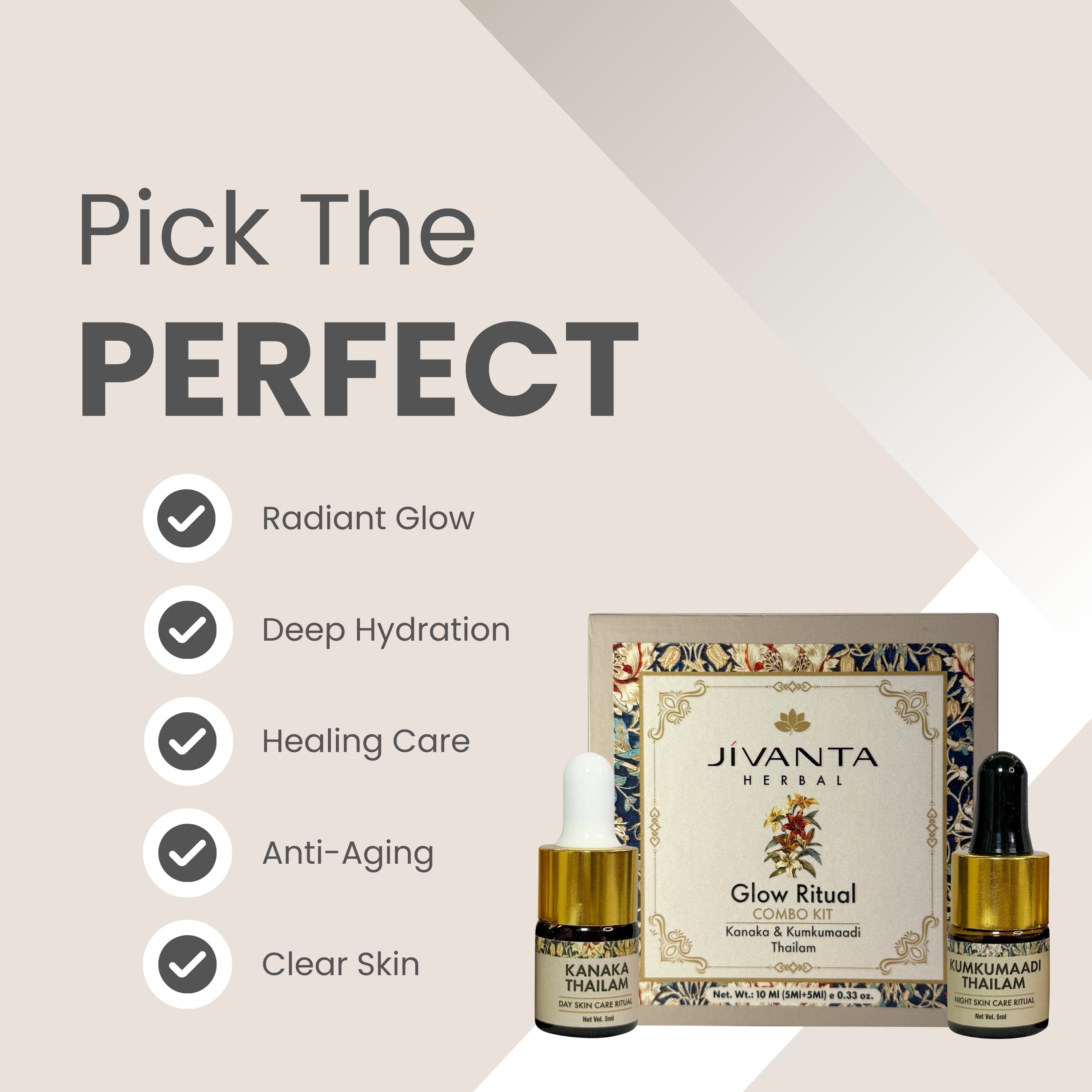 Jivantaherbal Glow Ritual Combo Kit | Kumkumaadi Thailam Ayurvedic Night Oil & Kanaka Thailam Ayurvedic Day Face Oil |10ml (5ml = 5ml)